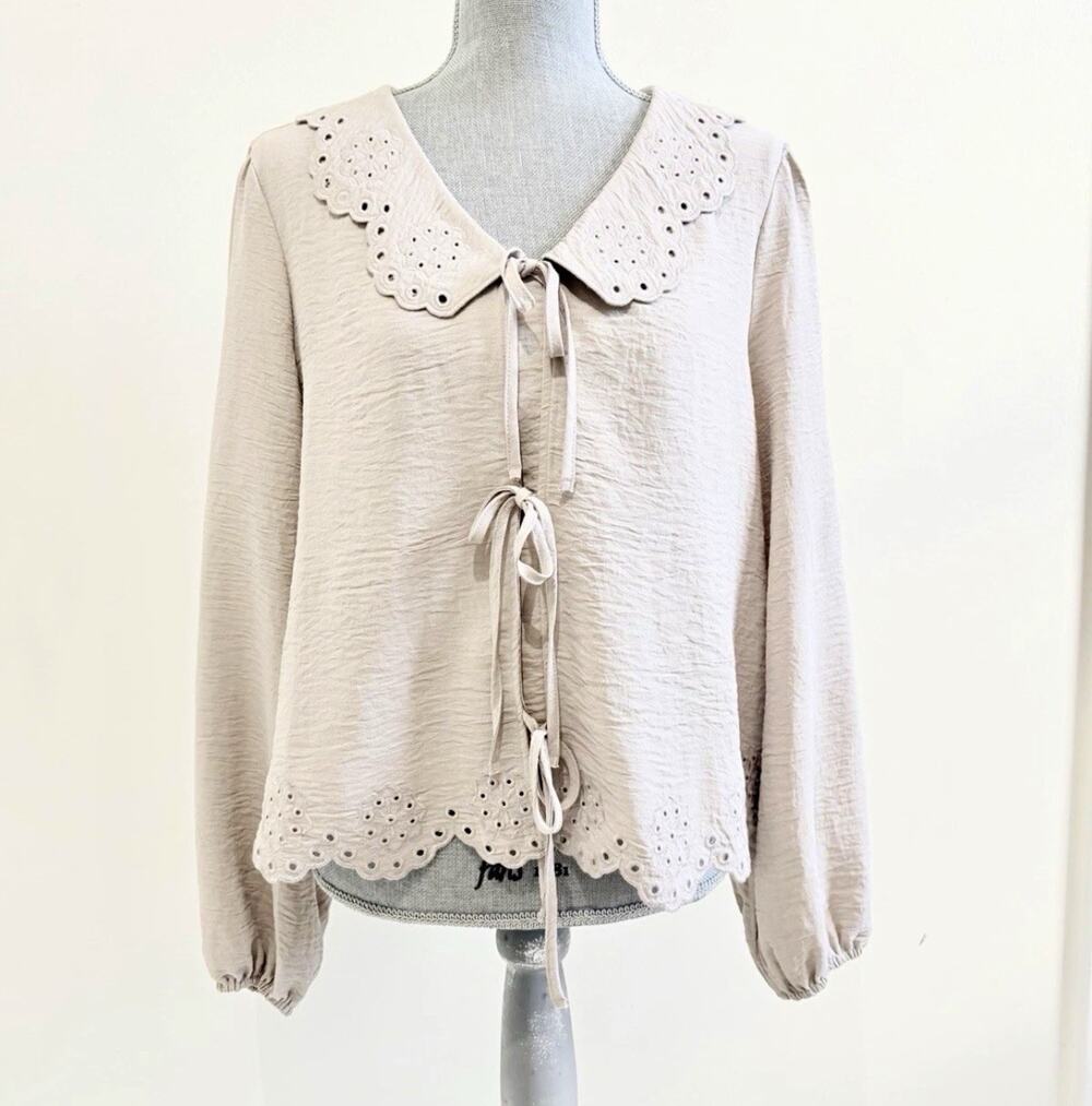 Adrianna Papell Beige Eyelet Scalloped Collared Tie Front Blouse Long Sleeve 1X